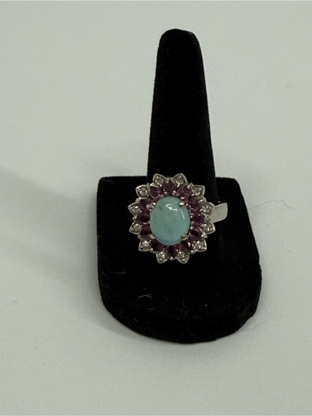 Sterling Silver Blue Gemstone and Purple Halo Ring
